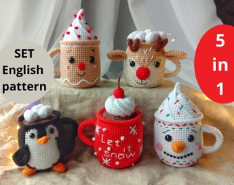 Christmas Crochet Amigurumi pattern Set 5 in 1 Mugs Snowman Gingerbread Penguin Reindeer PDF English pattern Christmas gift decor toy