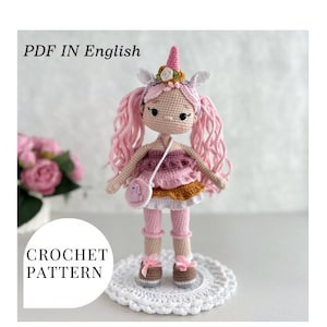 Сrochet pattern doll amigurumi toy pattern PDF in English Doll in a dress Doll with hairband