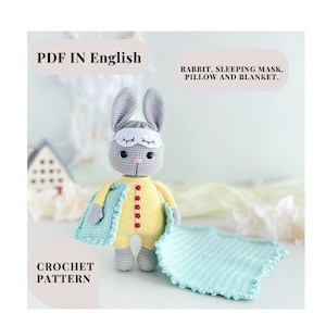 Crochet pattern bunny PDF in English amigurumi animal pattern Instant download of a crochet template bunny in pajamas rabbit with a pillow