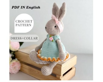 Patron au crochet lapin PDF en anglais motif animal amigurumi Téléchargement instantané d'un modèle au crochet lapin dans une robe oreilles de lapin