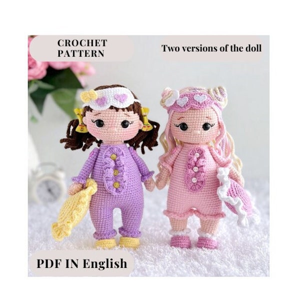 Gehaakte pop PATROON PDF in het Engels haakpatroon amigurumi pop gevulde pop patroon amigurumi speelgoed patroon pop in pyjama kleine pop