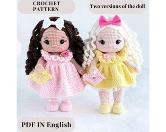 Crochet doll PATTERN PDF in English crochet pattern amigurumi doll stuffed doll pattern amigurumi toy  doll in a dress doll with a bag