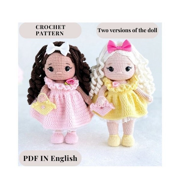 Häkelanleitung für eine Puppe im PDF-Format auf Englisch. Häkelanleitung für eine Amigurumi-Puppe, Stoffpuppenanleitung, eine Amigurumi-Spielzeugpuppe in einem Kleid, eine Puppe mit einer Tasche