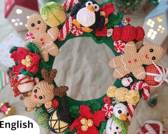 Christmas Crochet Amigurumi pattern Christmas wreath with Snowman Gingerbread Penguin Reindeer PDF English pattern Christmas gift decor toy