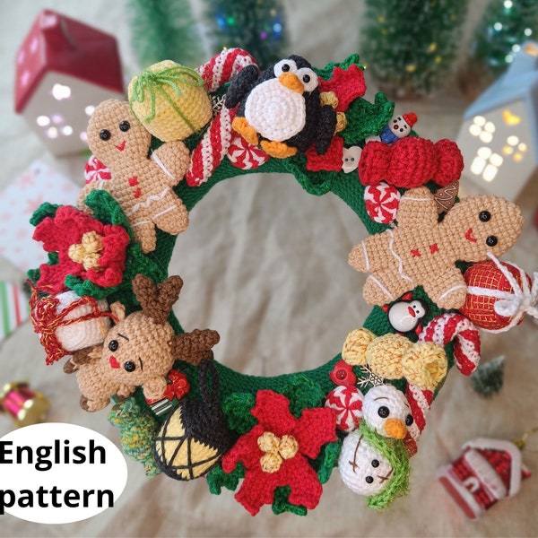 Modèle de Noël Amigurumi au crochet, Couronne de Noël avec bonhomme de neige, pingouin en pain d'épice, renne PDF, modèle anglais, jouet de décoration pour cadeau de Noël