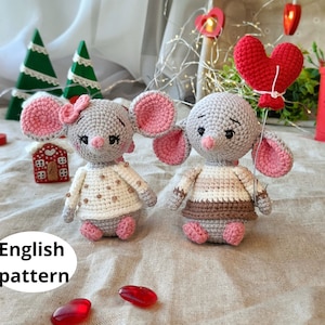 Modèle au crochet Amigurumi pour la Saint-Valentin, Souris amoureuses, modèle PDF anglais, jouet de décoration pour la Saint-Valentin