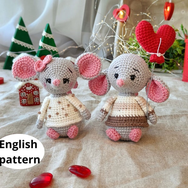 Modèle au crochet Amigurumi pour la Saint-Valentin, Souris amoureuses, modèle PDF anglais, jouet de décoration pour la Saint-Valentin
