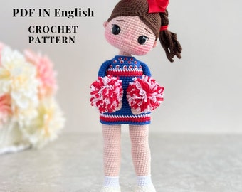 Patron d'une poupée au crochet PDF en anglais patron poupée pom-pom girl patron d'une poupée au crochet amigurumi patron d'une poupée douce amigurumi