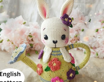 Easter Bunny in Watering Can Crochet Pattern, Amigurumi Rabbit Garden Decor, Easter Gift, Easter Basket StufferEnglish Digital Download