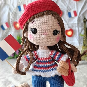 Сrochet amigurumi pattern French girl doll in beret and dog and bag with baguettes PDF English stuffed doll pattern amigurumi doll in dress image 4