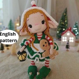 Christmas Crochet Amigurumi pattern Christmas Elf Girl Doll PDF English pattern Christmas elf Christmas decor toy Crochet doll Elf