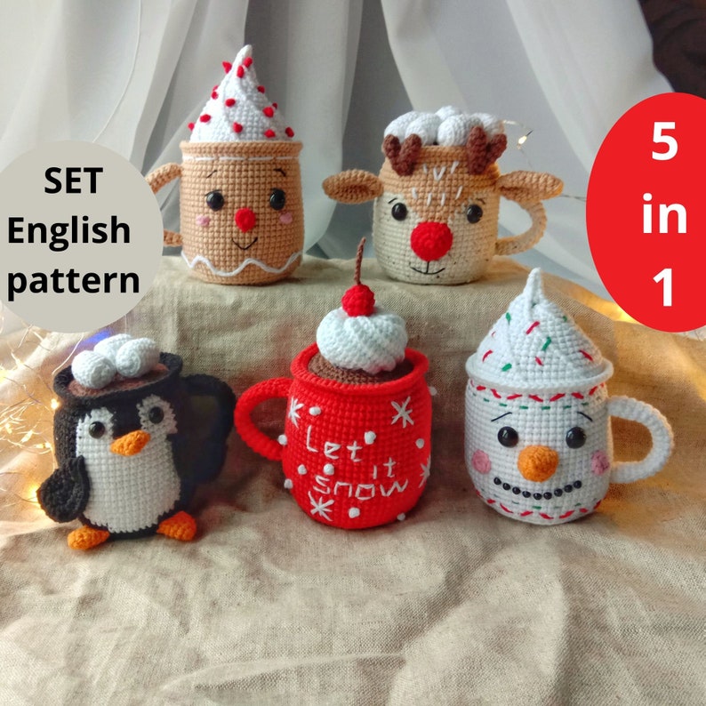 Christmas Crochet Amigurumi pattern Set 5 in 1 Mugs Snowman Gingerbread Penguin Reindeer PDF English pattern Christmas gift decor toy image 1