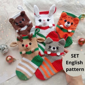 Christmas Crochet Amigurumi pattern Set 5 in 1 Stocking Tiger Bunny Deer Cat Bear PDF English pattern Christmas gift decor Christmas sweets