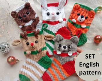 Christmas Crochet Amigurumi pattern Set 5 in 1 Stocking Tiger Bunny Deer Cat Bear PDF English pattern Christmas gift decor Christmas sweets