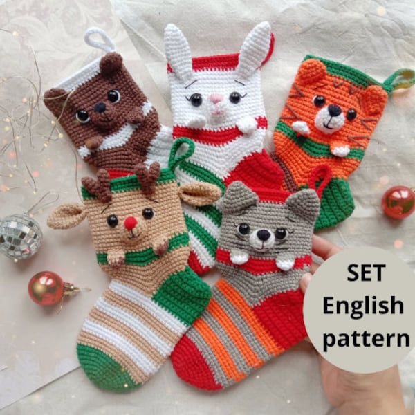 Noël Crochet Amigurumi pattern Set 5 en 1 Bas Tigre Lapin Cerf Chat Ours PDF Motif anglais Décor de cadeau de Noël Bonbons de Noël