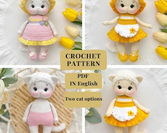 Crochet pattern of a cat PDF in English file with a description of the knitting pattern of an amigurumi cat doll crocheted for a cat