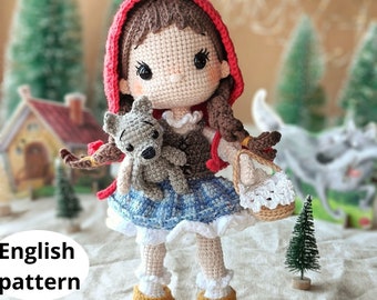 Patron amigurumi rochet Poupée Petit Chaperon Rouge PDF Poupée Amigurumi Anglais Fille au crochet dans un panier de tartes de loup avec un bonnet rouge