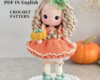 Pattern crochet doll PDF in English pattern crochet doll amigurumi pattern soft doll amigurumi toy doll dress pumpkin Doll