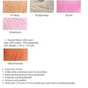 Puede incluir: Imagen que muestra los materiales necesarios para un proyecto de crochet. Incluye hilos en beige, beige claro, rosa, rosa claro y terracota. Tambi&eacute;n enumera ojos, hilo, relleno, tijeras, agujas y tama&ntilde;o del ganchillo. El texto indica que el juguete terminado medir&aacute; unos 15 cm de altura.