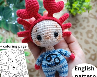 Padrão de Crochê Amigurumi de Câncer: Boneca do Horóscopo do Zodíaco (Padrão em PDF em Inglês) página bônus para colorir