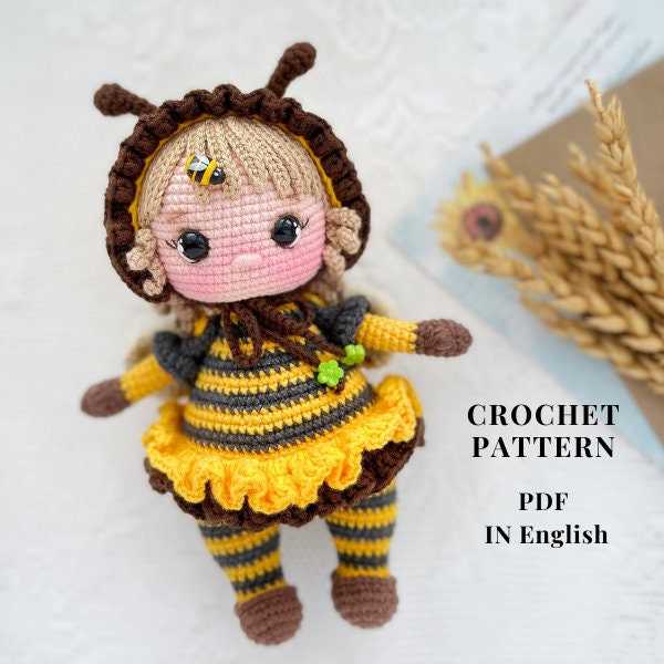 Bee girl PATTERN PDF in English crochet pattern amigurumi doll stuffed doll pattern amigurumi toy  little doll bee is crochet little bee