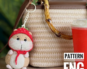 Amigurumi crochet PDF ENG pattern keychain Chubby hamster in hat strawberry
