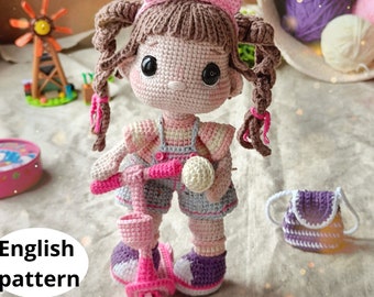 Сrochet amigurumi patroon Baby Doll Scooter Rugzak Lollipop PDF Engels patroon pop diy gehaakte pop patroon amigurumi pop