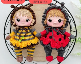 Set 2 in 1 crochet pattern doll Ladybug and Bee girl  PATTERN PDF in English crochet pattern amigurumi doll Bee girl