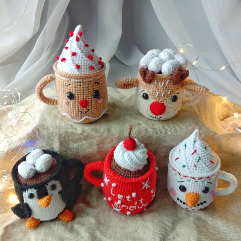 Christmas Crochet Amigurumi pattern Set 5 in 1 Mugs Snowman Gingerbread Penguin Reindeer PDF English pattern Christmas gift decor toy image 2
