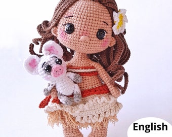 Patrón de muñeca de crochet Tropical Island Girl con cerdito (PDF en inglés)