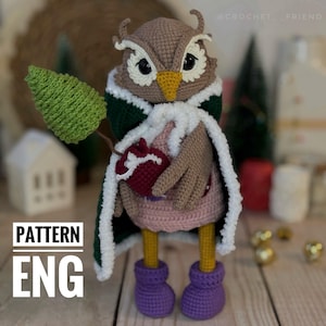 Könnte beinhalten: Gehäkeltes Amigurumi-Spielzeug in Form einer Eule, die einen grünen und weißen Umhang mit Kapuze trägt und ein rotes Herz hält. Die Eule hat braunes und beiges Fell, einen gelben Schnabel und große weiße Augen. Das Spielzeug steht auf einer Holzoberfläche.