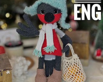 Amigurumi crochet PDF ENG pattern Christmas Bullfinch in the hat and bag