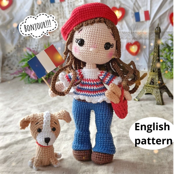 Сrochet amigurumi patroon Franse meisjespop in baret en hond en tas met stokbrood PDF Engels gevulde poppenpatroon amigurumi pop in jurk