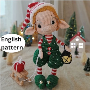 Christmas Crochet Amigurumi pattern Christmas Elf Boy Doll PDF English pattern Christmas elf Christmas decor toy Crochet doll Elf