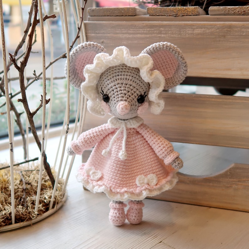 Amigurumi crochet pattern Cute little MOUSE with dress bonnet PDF tutorial Kawaii animal rat pattern image 2