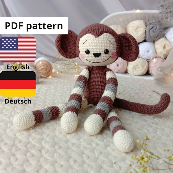 Gehäkelte Amigurumi Anleitung Affe PDF English Deutsch Häkelanleitung häkeln Tiere häkeln Stofftier häkeln Affe häkeln