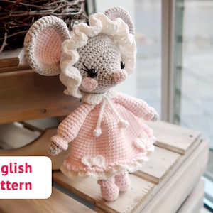 Amigurumi crochet pattern Cute little MOUSE with dress bonnet PDF tutorial Kawaii animal rat pattern