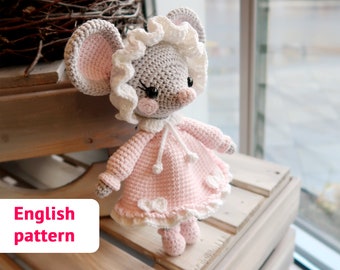 Wzór szydełkowy amigurumi Urocza mała MYSZ z czapeczką sukni Poradnik PDF Wzór szczura w kształcie zwierzątka Kawaii