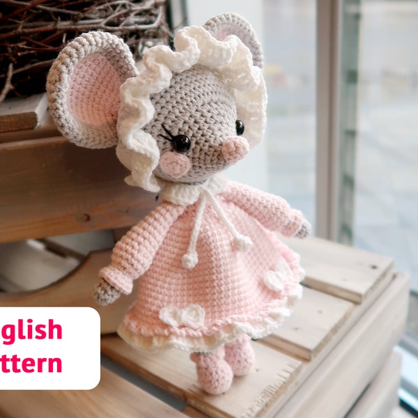 Amigurumi crochet pattern Cute little MOUSE with dress bonnet PDF tutorial Kawaii animal rat pattern