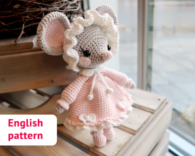 Amigurumi crochet pattern Cute little MOUSE with dress bonnet PDF tutorial Kawaii animal rat pattern image 1