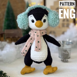 Amigurumi crochet patterns penguin PDF English pattern penguin in scarf and Headphones and fish