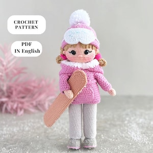 Snowboarder doll pattern amigurumi doll crochet  PDF in English pattern snow suit doll in a snow suit on a snowboard doll in pants