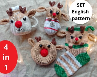 Noël Crochet Amigurumi pattern Set 4 en 1 Chaussette de renne Mitaines Donut Mugs PDF Motif anglais Décor de cadeau de Noël Noël
