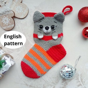 Christmas Crochet Amigurumi pattern Stocking Cat PDF English pattern Christmas gift decor Christmas sweets Christmas toy amigurumi