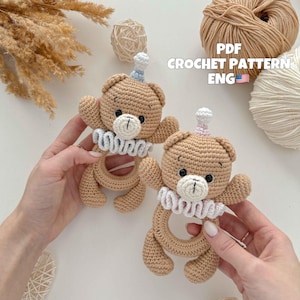 Crochet pattern rattle toy bear  PDF in English amigurumi rattle toy bear Crochet animals crochet pattern rattle toy bear