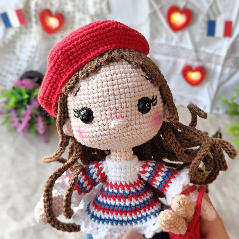 Сrochet amigurumi pattern French girl doll in beret and dog and bag with baguettes PDF English stuffed doll pattern amigurumi doll in dress zdjęcie 6