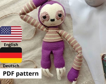 Crochet Amigurumi patron Paresseux PDF Anglais Deutsch patron amigurumi paresseux crochet paresseux crochet kit débutant peluche animalpattern