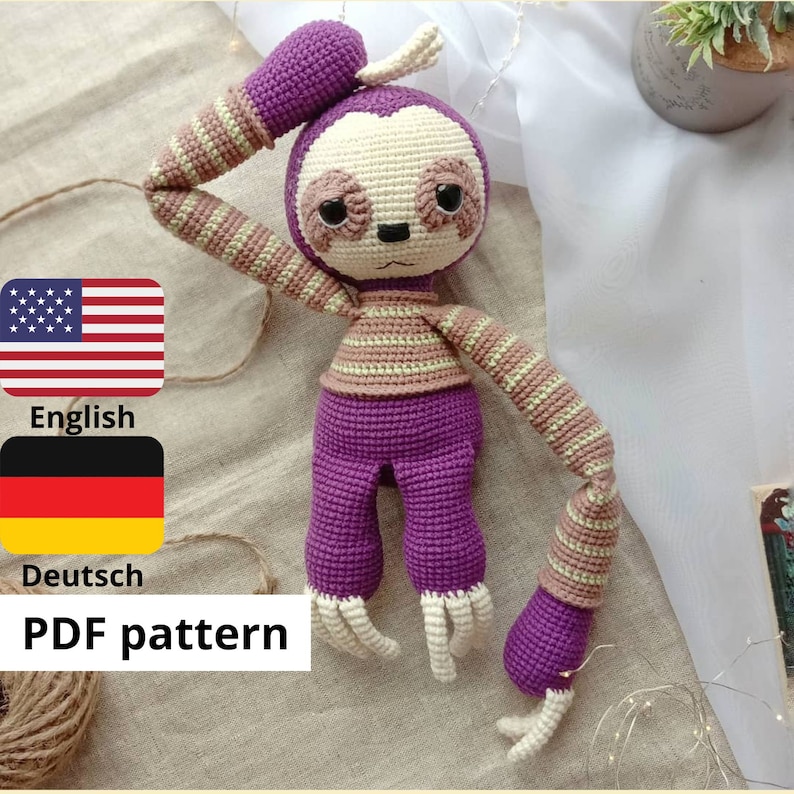 May include: Crochet pattern for a purple and brown sloth amigurumi toy. The pattern is available in English and German. PDF pattern.