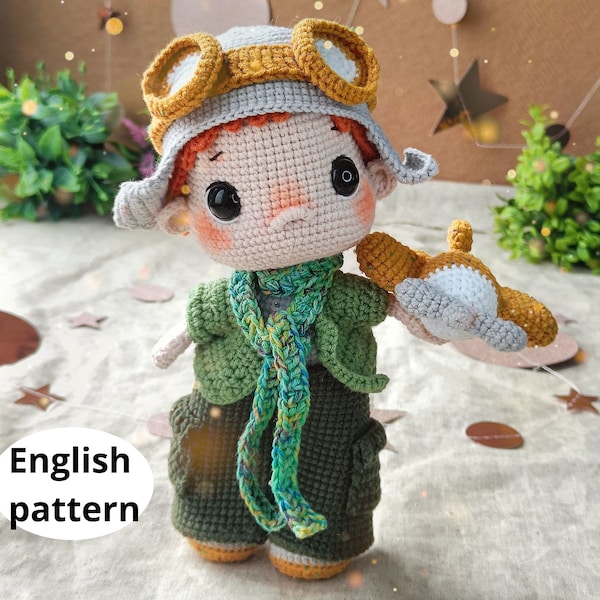 Сrochet patrón amigurumi Muñeca Piloto Aviador con Avión PDF patrón inglés muñeca diy crochet muñeca patrón muñeca amigurumi