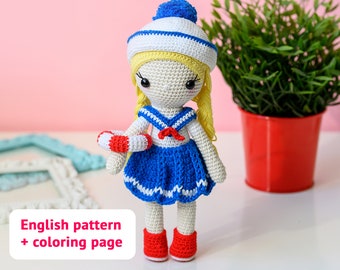 SAILOR Crochet Doll Pattern PDF Summer doll Amigurumi pattern Cute Sailor collar doll crochet pattern